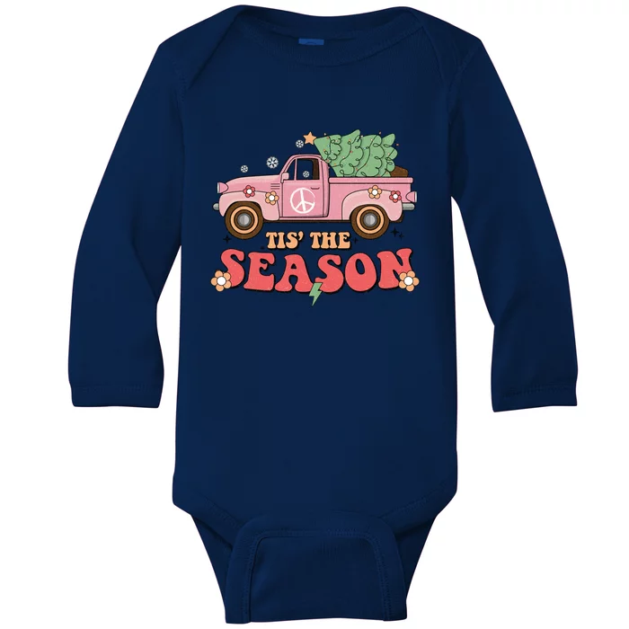 Tis The Season Retro Truck Christmas Baby Long Sleeve Bodysuit