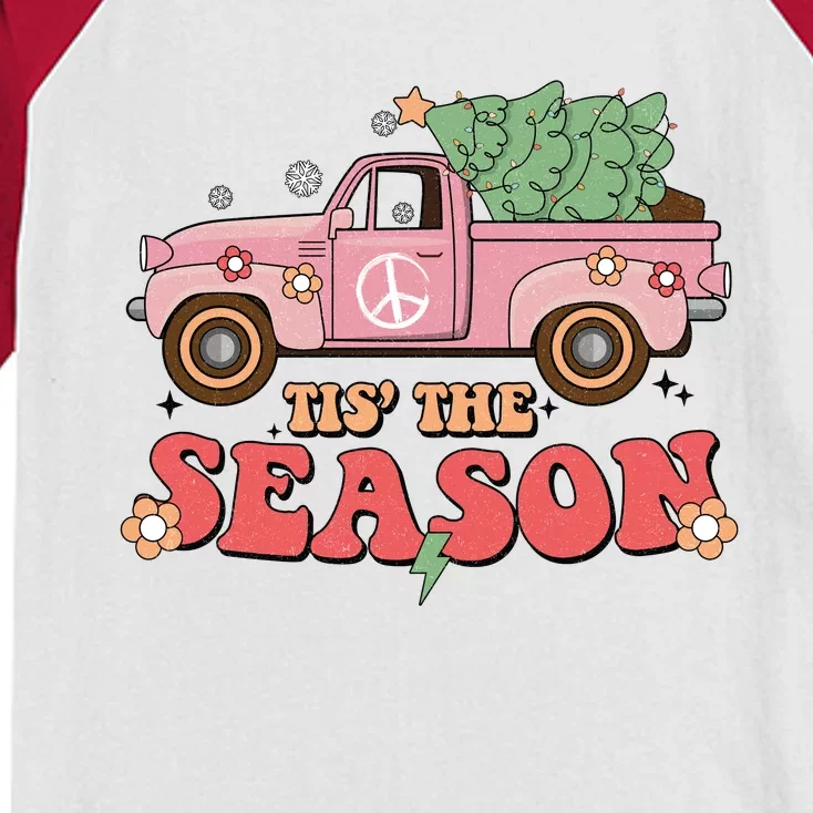 Tis The Season Retro Truck Christmas Kids Colorblock Raglan Jersey