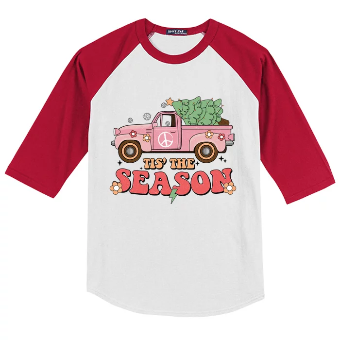 Tis The Season Retro Truck Christmas Kids Colorblock Raglan Jersey