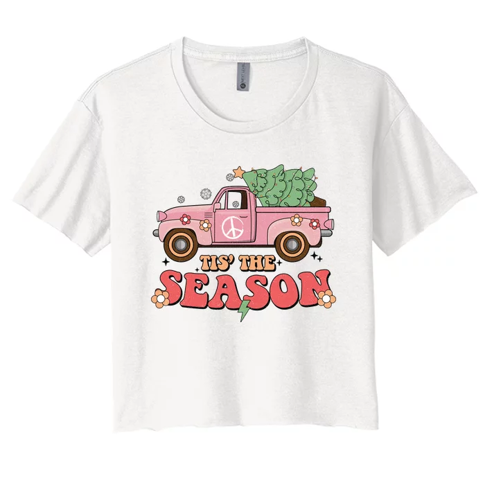 Tis The Season Retro Truck Christmas Women's Crop Top Tee