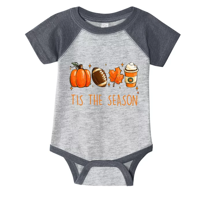 Tis The Season Fall Autumn Football Pumpkin Coffee Leaves Infant Baby Jersey Bodysuit