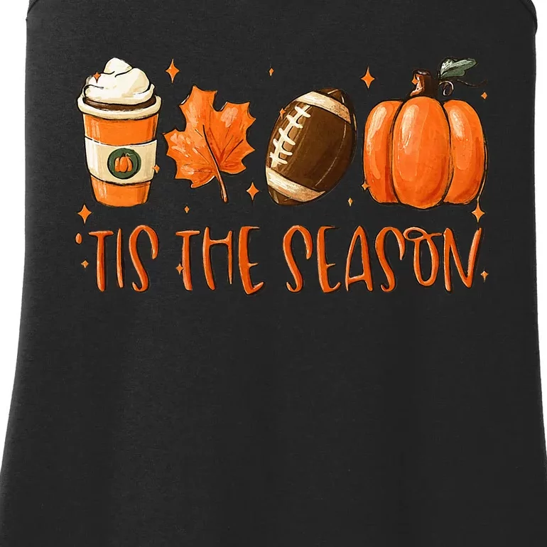 Tis The Season Pumpkin Leaf Latte Fall Thanksgiving Football Ladies Essential Tank