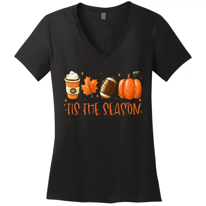 Tis The Season Pumpkin Leaf Latte Fall Thanksgiving Football Women's V-Neck T-Shirt