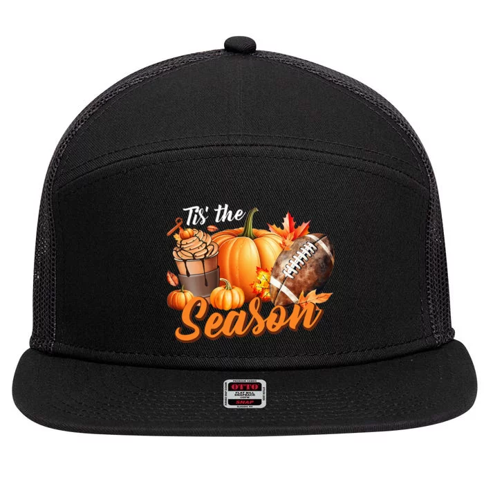 TIS THE SEASON Pumpkin Leaf Latte Fall Thanksgiving Football 7 Panel Mesh Trucker Snapback Hat