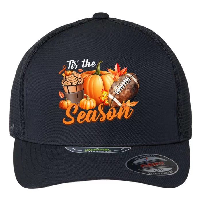 TIS THE SEASON Pumpkin Leaf Latte Fall Thanksgiving Football Flexfit Unipanel Trucker Cap