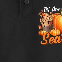 TIS THE SEASON Pumpkin Leaf Latte Fall Thanksgiving Football Dry Zone Grid Performance Polo