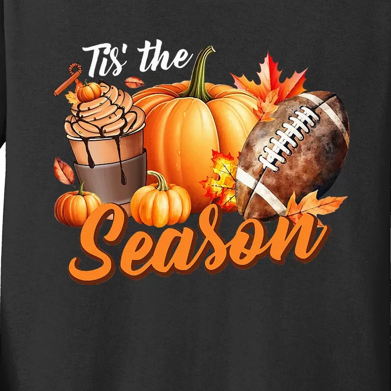 TIS THE SEASON Pumpkin Leaf Latte Fall Thanksgiving Football Kids Long Sleeve Shirt