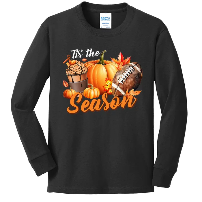 TIS THE SEASON Pumpkin Leaf Latte Fall Thanksgiving Football Kids Long Sleeve Shirt