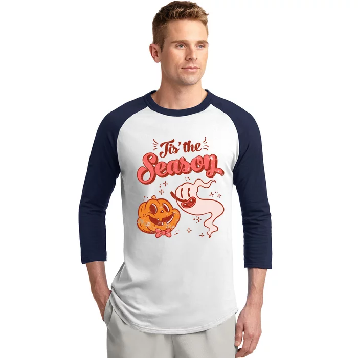 Tis' The Season Pumpkin Ghost Retro Halloween Costume Party Gift Baseball Sleeve Shirt