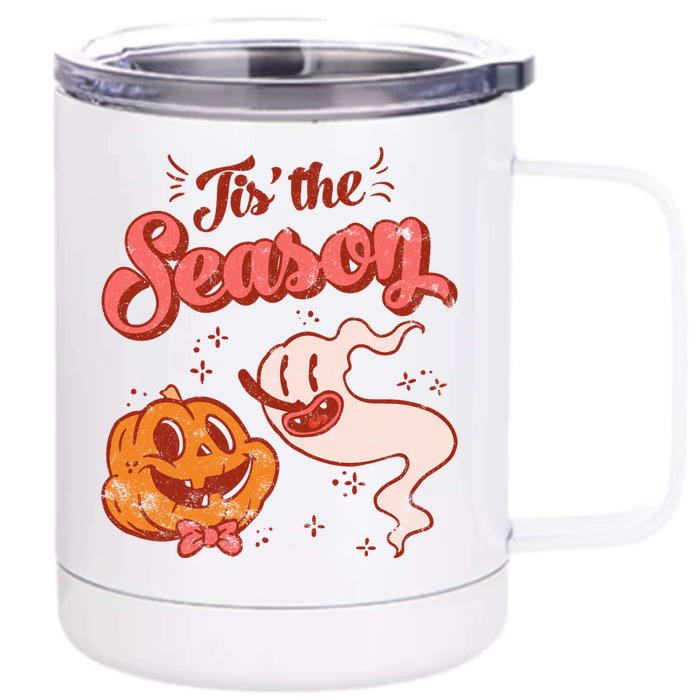 Tis' The Season Pumpkin Ghost Retro Halloween Costume Party Gift Front & Back 12oz Stainless Steel Tumbler Cup