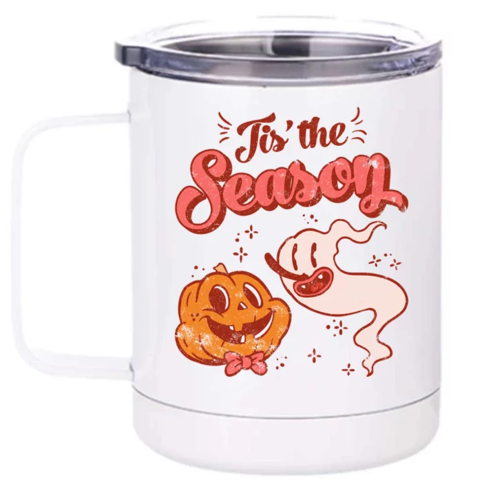 Tis' The Season Pumpkin Ghost Retro Halloween Costume Party Gift Front & Back 12oz Stainless Steel Tumbler Cup