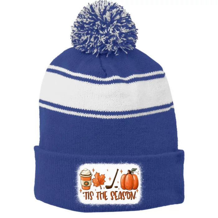 Tis The Season Hockey Latte Leaves Hello Pumpkin Fall Gift Stripe Pom Pom Beanie