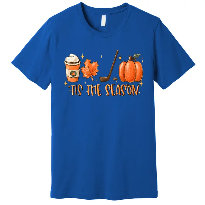 Tis The Season Hockey Latte Leaves Hello Pumpkin Halloween Gift Premium T-Shirt