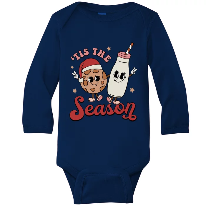 Tis The Season Cookies Milk Santa Hat Christmas Retro Xmas Gift Baby Long Sleeve Bodysuit