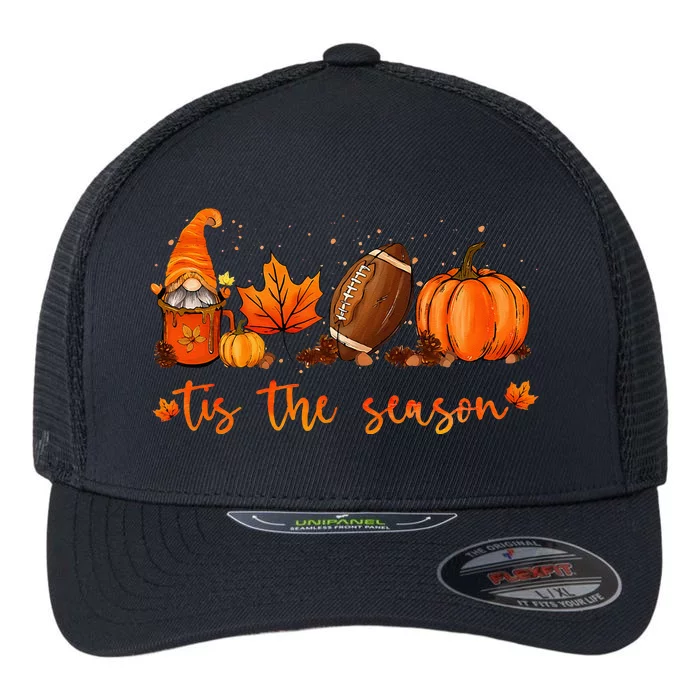 Tis The Season Pumpkin Leaf Latte Fall Thanksgiving Football Flexfit Unipanel Trucker Cap