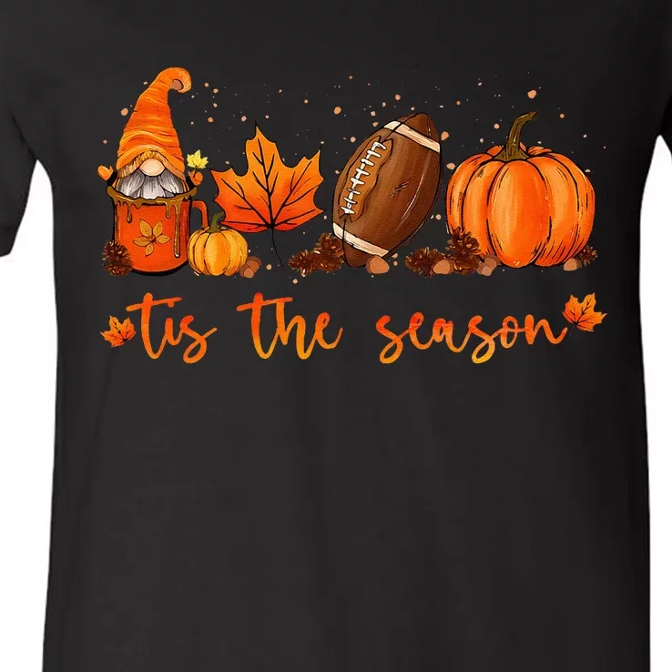 Tis The Season Pumpkin Leaf Latte Fall Thanksgiving Football V-Neck T-Shirt