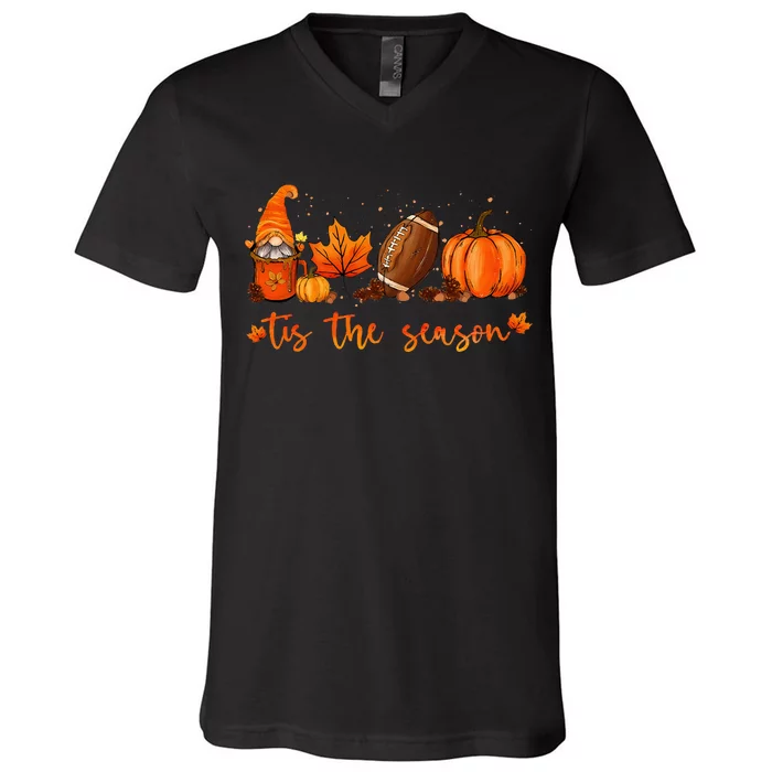 Tis The Season Pumpkin Leaf Latte Fall Thanksgiving Football V-Neck T-Shirt