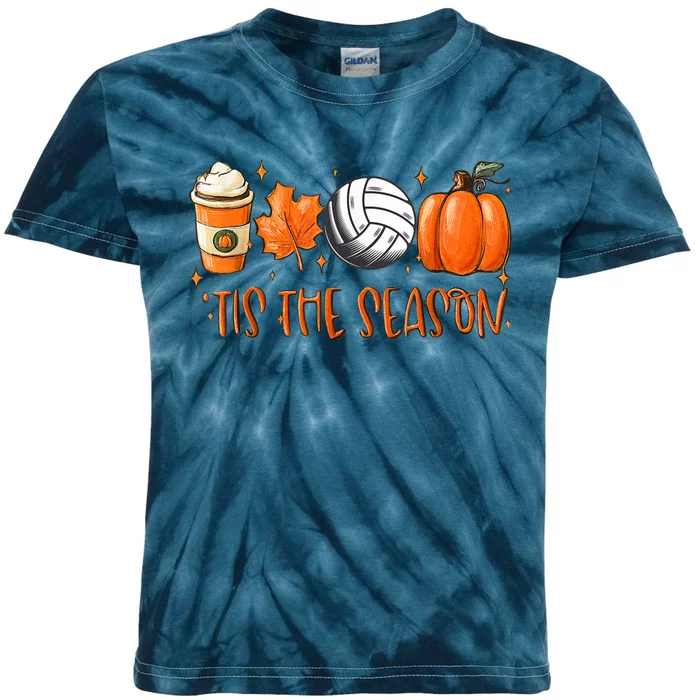 Tis The Season Pumpkin Leaf Latte Fall Volleyball Kids Tie-Dye T-Shirt