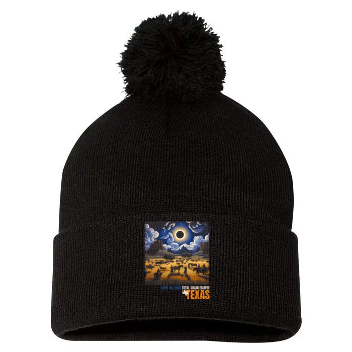 Texas Total Solar Eclipse Retro April 8 2024 Astronomy Pom Pom 12in Knit Beanie