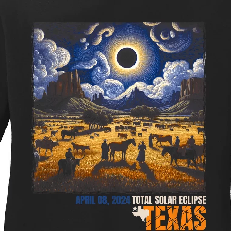 Texas Total Solar Eclipse Retro April 8 2024 Astronomy Ladies Long Sleeve Shirt