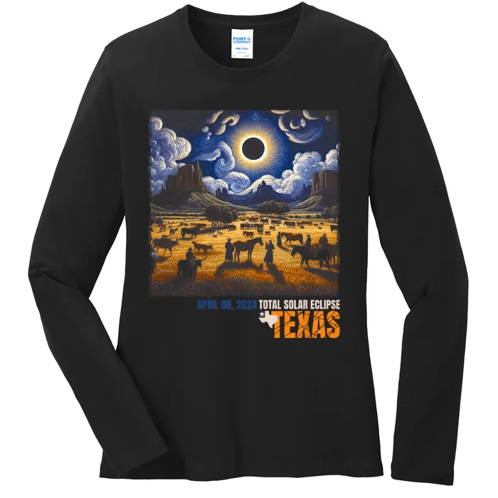 Texas Total Solar Eclipse Retro April 8 2024 Astronomy Ladies Long Sleeve Shirt