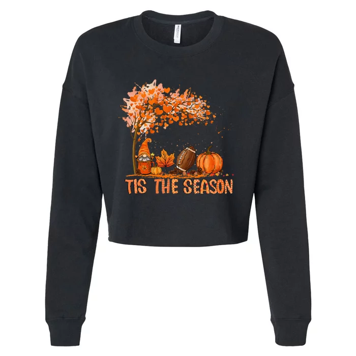 Tis The Season Pumpkin Spice Football Fall Leaves Autumn Cropped Pullover Crew