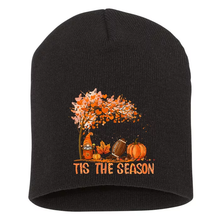 Tis The Season Pumpkin Spice Football Fall Leaves Autumn Short Acrylic Beanie