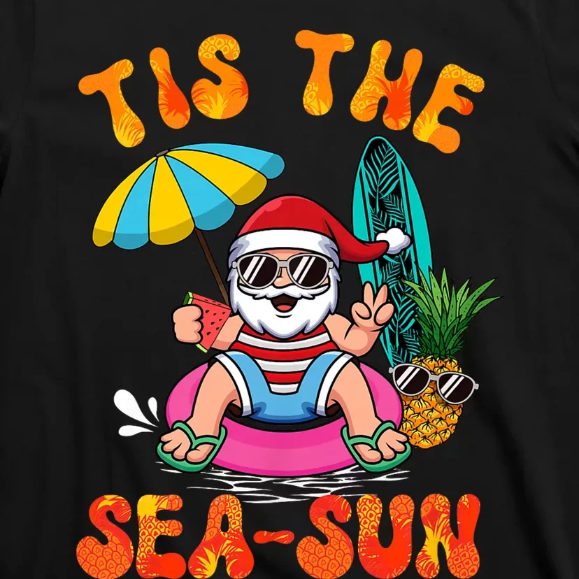 Tis The Sea Sun Santa Surfing Christmas In July Tropical T-Shirt