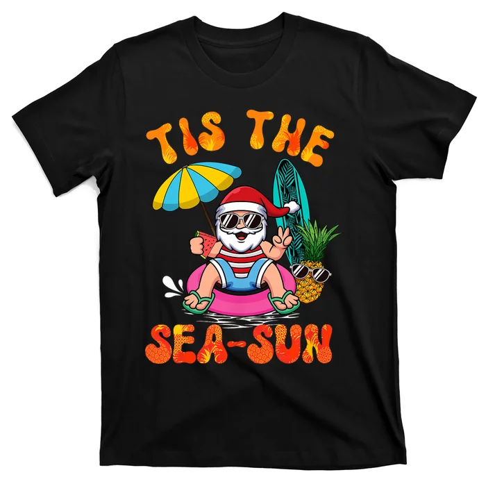 Tis The Sea Sun Santa Surfing Christmas In July Tropical T-Shirt