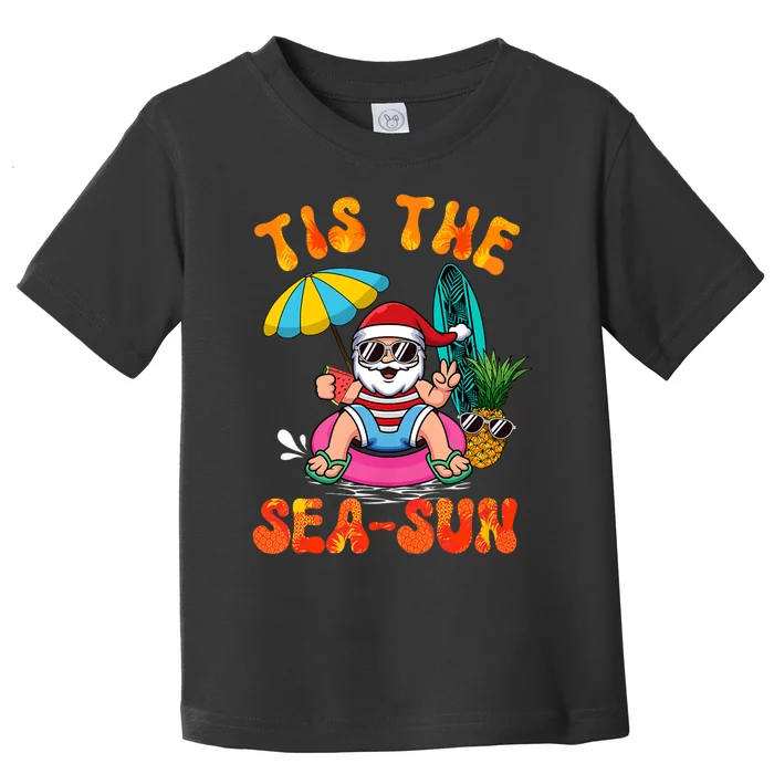 Tis The Sea Sun Santa Surfing Christmas In July Tropical Toddler T-Shirt