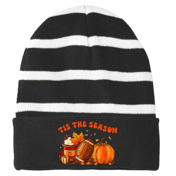 Tis The Season Pumpkin Leaf Latte Fall Thanksgiving Football Striped Beanie with Solid Band