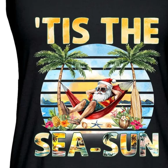 Tis The Sea Sun Christmas In July Santa Beach Summer Ladies Essential Flowy Tank