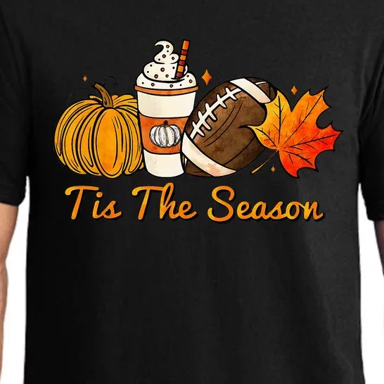 Tis The Season Pumpkin Leaf Latte Fall Thanksgiving Football Pajama Set