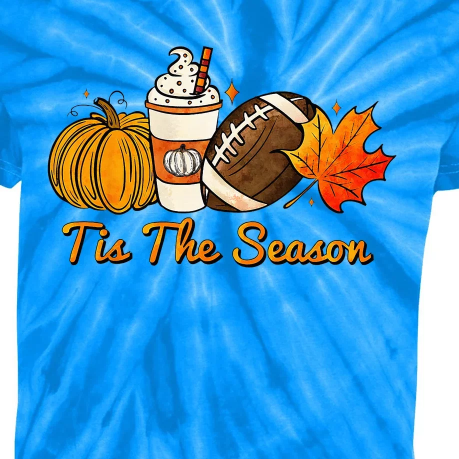 Tis The Season Pumpkin Leaf Latte Fall Thanksgiving Football Kids Tie-Dye T-Shirt