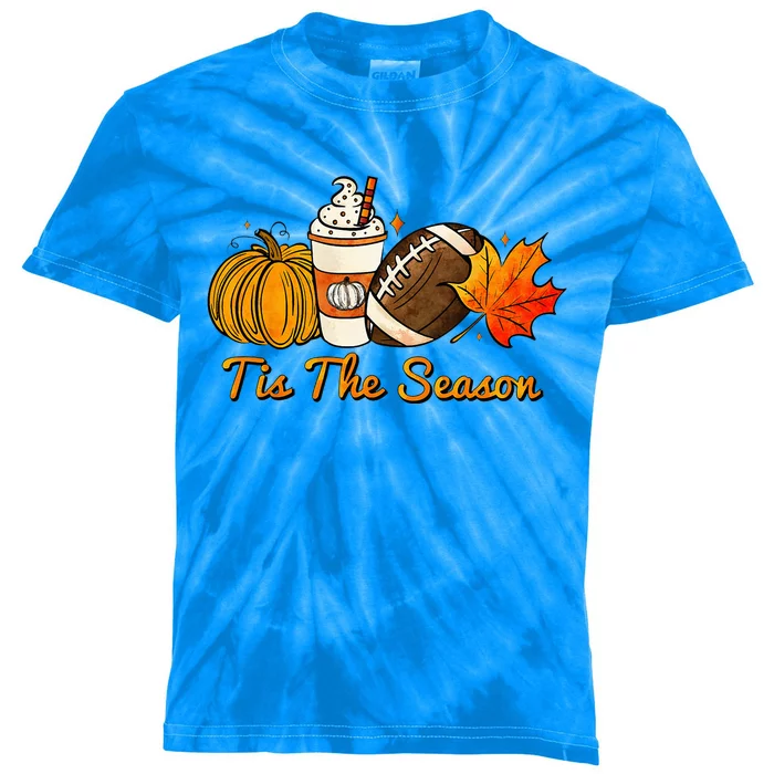 Tis The Season Pumpkin Leaf Latte Fall Thanksgiving Football Kids Tie-Dye T-Shirt