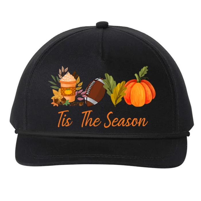 Tis The Season Pumpkin Leaf Latte Fall Thanksgiving Football Gift Snapback Five-Panel Rope Hat