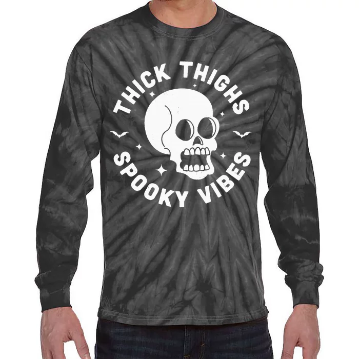 Thick Thighs Spooky Vibes Funny Halloween Skull Workout Gym Tie-Dye Long Sleeve Shirt