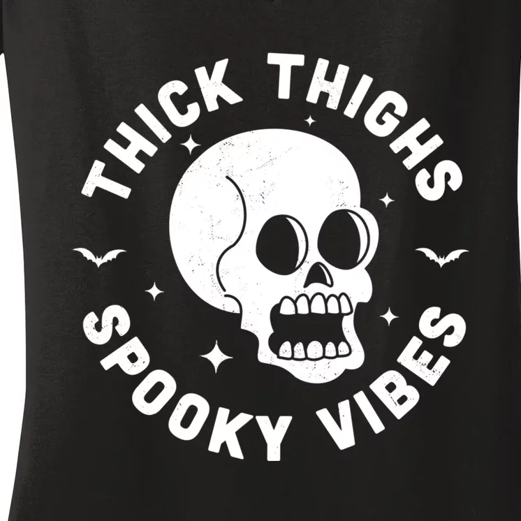 Thick Thighs Spooky Vibes Funny Halloween Skull Workout Gym Women's V-Neck T-Shirt