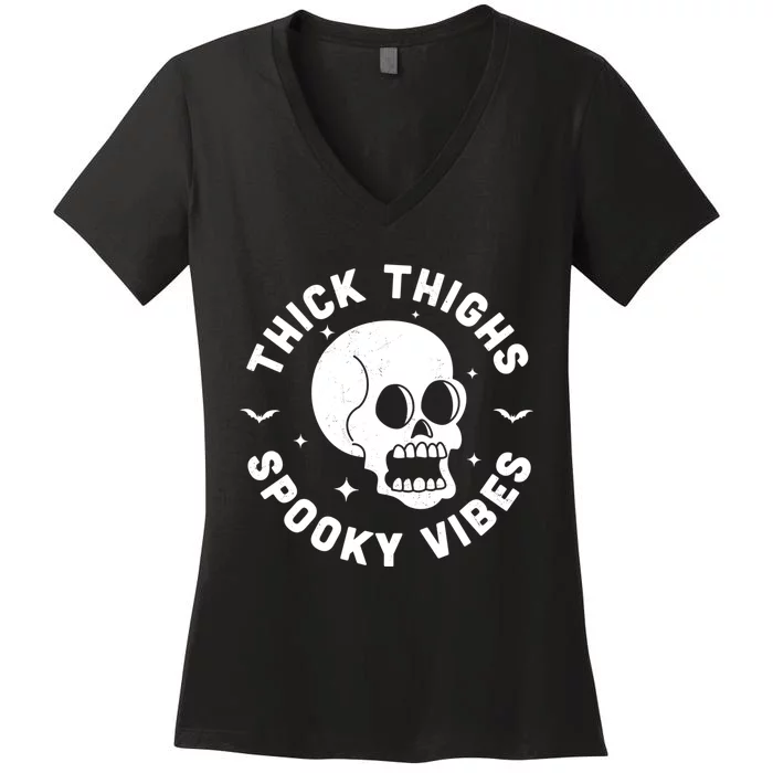 Thick Thighs Spooky Vibes Funny Halloween Skull Workout Gym Women's V-Neck T-Shirt