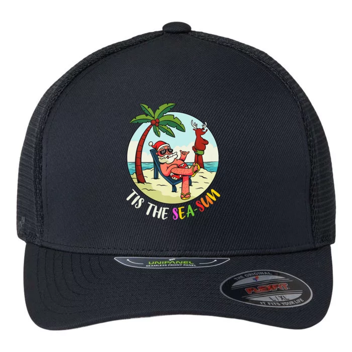 Tis The Sea Sun Funny Santa Beach Summer Christmas In July Flexfit Unipanel Trucker Cap