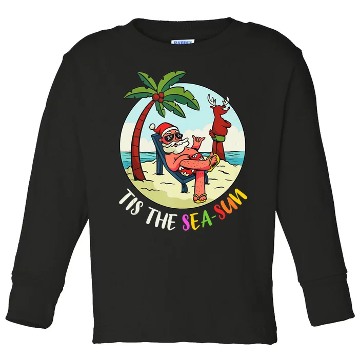 Tis The Sea Sun Funny Santa Beach Summer Christmas In July Toddler Long Sleeve Shirt