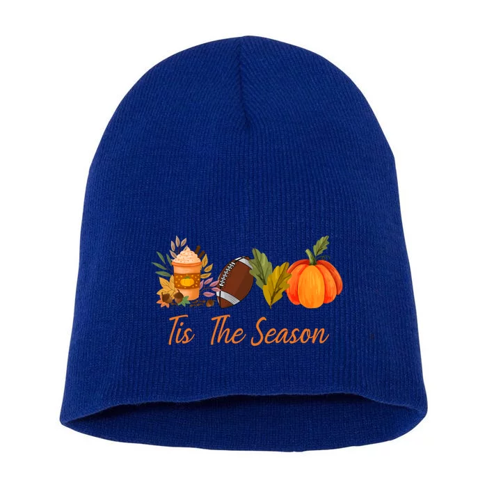 Tis The Season Pumpkin Leaf Latte Fall Thanksgiving Football Gift Short Acrylic Beanie