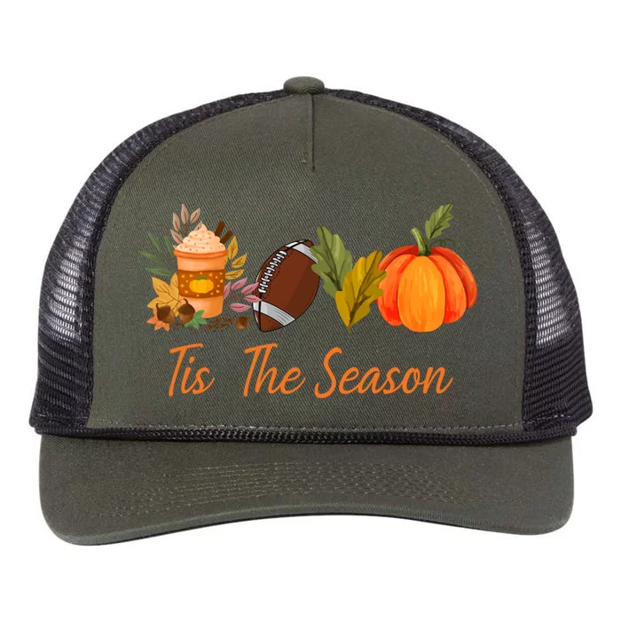 Tis The Season Pumpkin Leaf Latte Fall Thanksgiving Football Gift Retro Rope Trucker Hat Cap