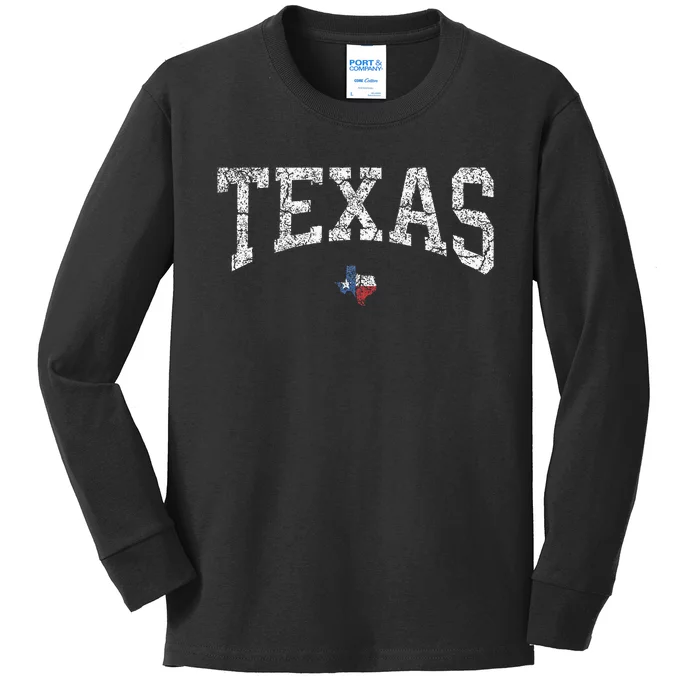 Texas  Texas State Map Flag Distressed Kids Long Sleeve Shirt