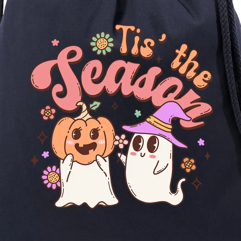 Tis The Season Pumpkin Witch Ghost Couple Retro Halloween Gift Drawstring Bag