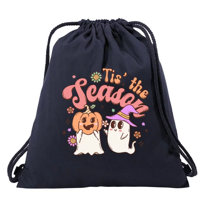 Tis The Season Pumpkin Witch Ghost Couple Retro Halloween Gift Drawstring Bag