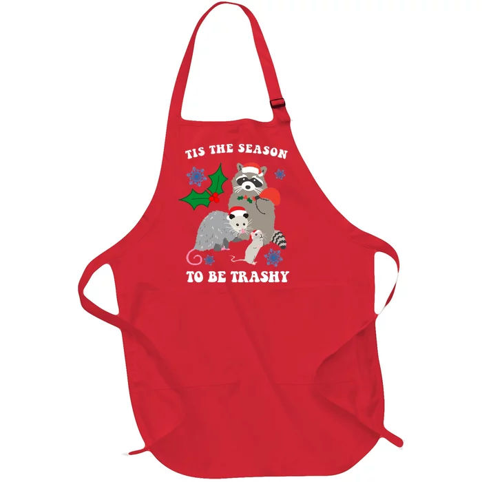 Tis The Season To Be Trashy Funny Raccoon Christmas Full-Length Apron With Pocket