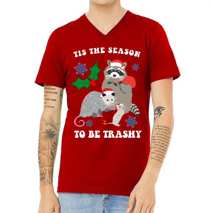 Tis The Season To Be Trashy Funny Raccoon Christmas V-Neck T-Shirt