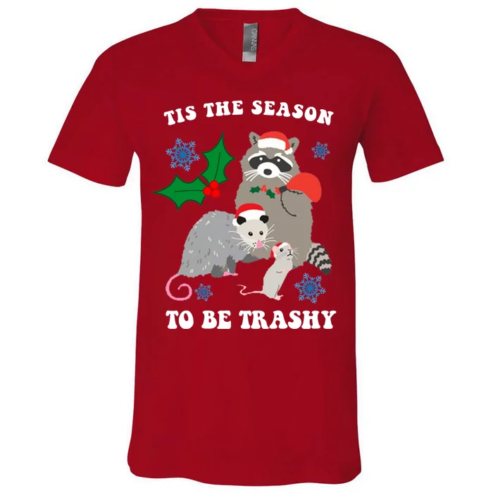 Tis The Season To Be Trashy Funny Raccoon Christmas V-Neck T-Shirt