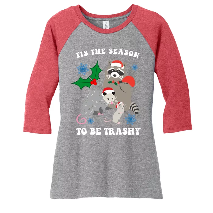 Tis The Season To Be Trashy Funny Raccoon Christmas Women's Tri-Blend 3/4-Sleeve Raglan Shirt